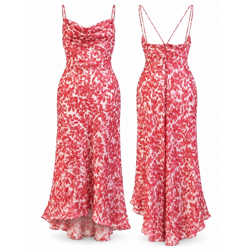 Chadwick's Floral Silk Cowl Neck High Low Maxi Dress Womens 14 Red White